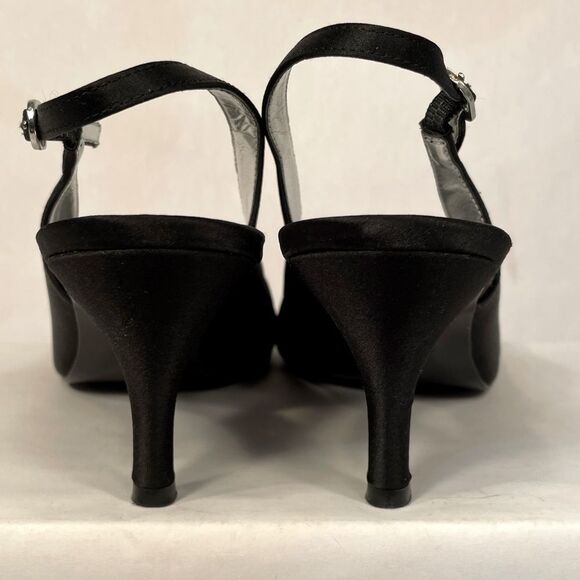 Elegant Satin Black Peep-Toe Heels with Rhinestones EUC Size 10 - Picture 6 of 7